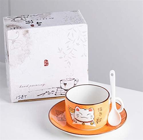 EatingBiting 5 Colors Handcraft Lucky Cat Maneki Neko Ceramic Tea Cups Mugs Dish Spoon 3PCs orange - Image 1