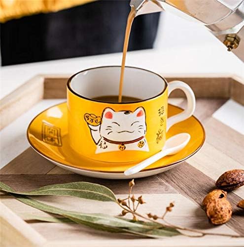 EatingBiting 5 Colors Handcraft Lucky Cat Maneki Neko Ceramic Tea Cups Mugs Dish Spoon 3PCs orange - Image 3
