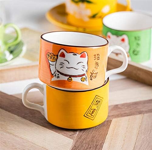 EatingBiting 5 Colors Handcraft Lucky Cat Maneki Neko Ceramic Tea Cups Mugs Dish Spoon 3PCs orange - Image 2