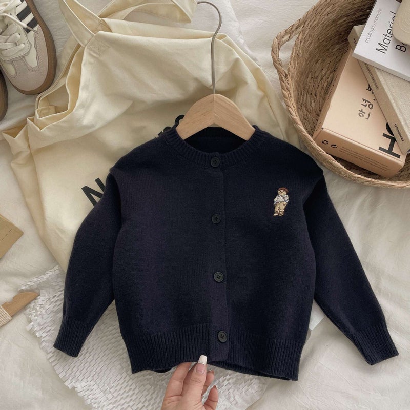 Children'S Knitted Sweater 2025 Soft Waxy Korean Style Embroidered Bear Trendy Striped Cardigan Jacket For Boys And Girls - Image 1