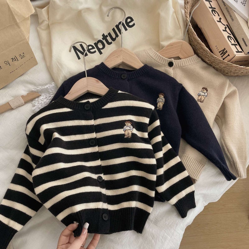 Children'S Knitted Sweater 2025 Soft Waxy Korean Style Embroidered Bear Trendy Striped Cardigan Jacket For Boys And Girls - Image 2