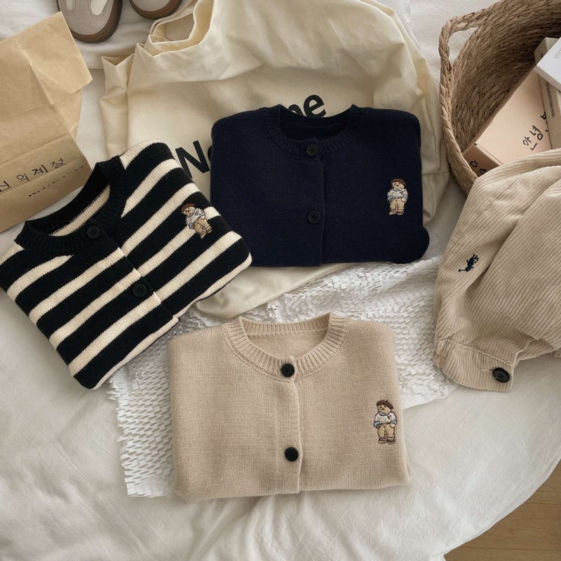 Children'S Knitted Sweater 2025 Soft Waxy Korean Style Embroidered Bear Trendy Striped Cardigan Jacket For Boys And Girls - Image 5