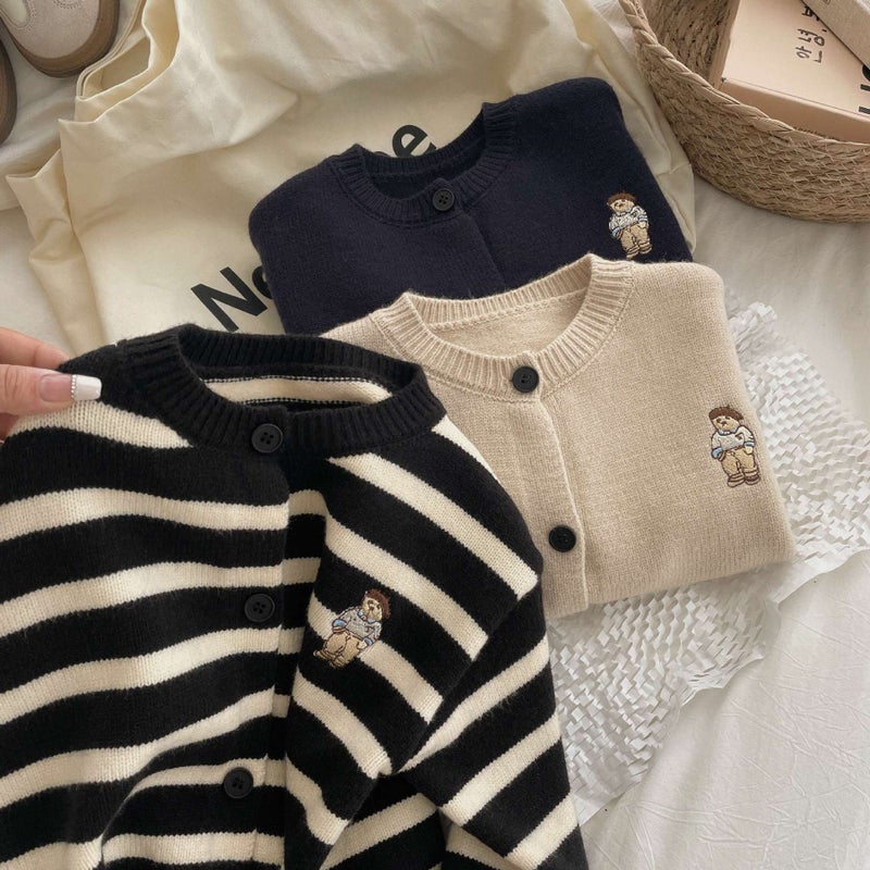 Children'S Knitted Sweater 2025 Soft Waxy Korean Style Embroidered Bear Trendy Striped Cardigan Jacket For Boys And Girls - Image 4