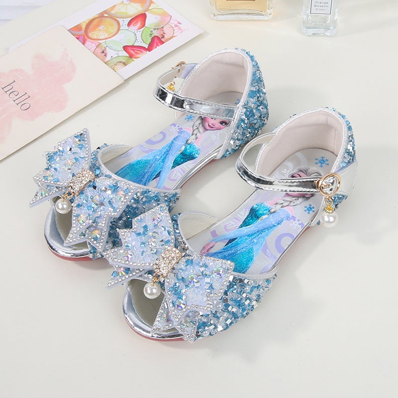 2026 New Summer Pearl Bow Children'S Shoes Elsa Princess Sandals Girls' Peep-Toe Sequin Kids' Sandals - Image 1