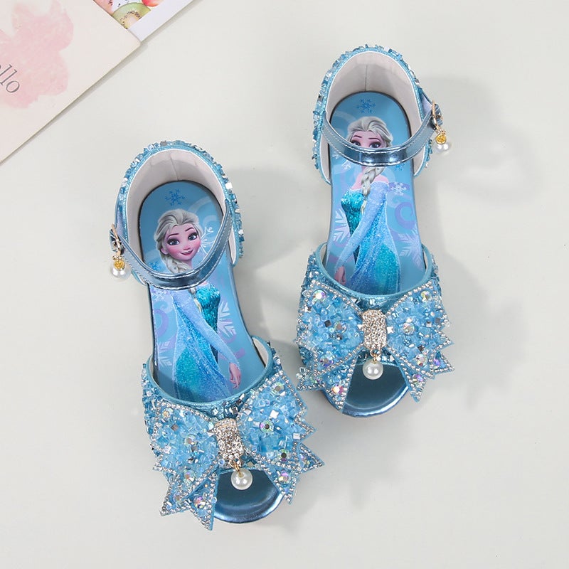 2026 New Summer Pearl Bow Children'S Shoes Elsa Princess Sandals Girls' Peep-Toe Sequin Kids' Sandals - Image 2