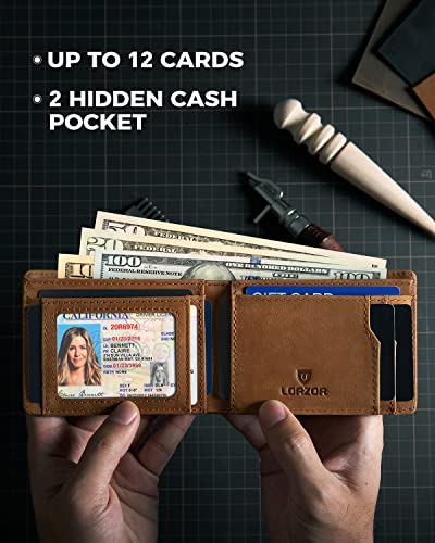 LORZOR AirTag Wallet - Bifold Full Grain Leather Mens Air Tag Wallet with AirTag Holder, RFID Blocking Minimalist Wallet for Men for Apple Air Tag, up to 11 Cards Gifts for Men - Image 3