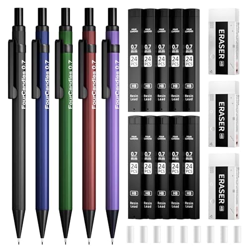 Four Candies Metal Mechanical Pencils 07mm with 2 Pencil Leads 07 Eraser Set and Eraser Refills 19Count Pack with Case Back to School Supplies for Writing Drawing Sketching - Image 1