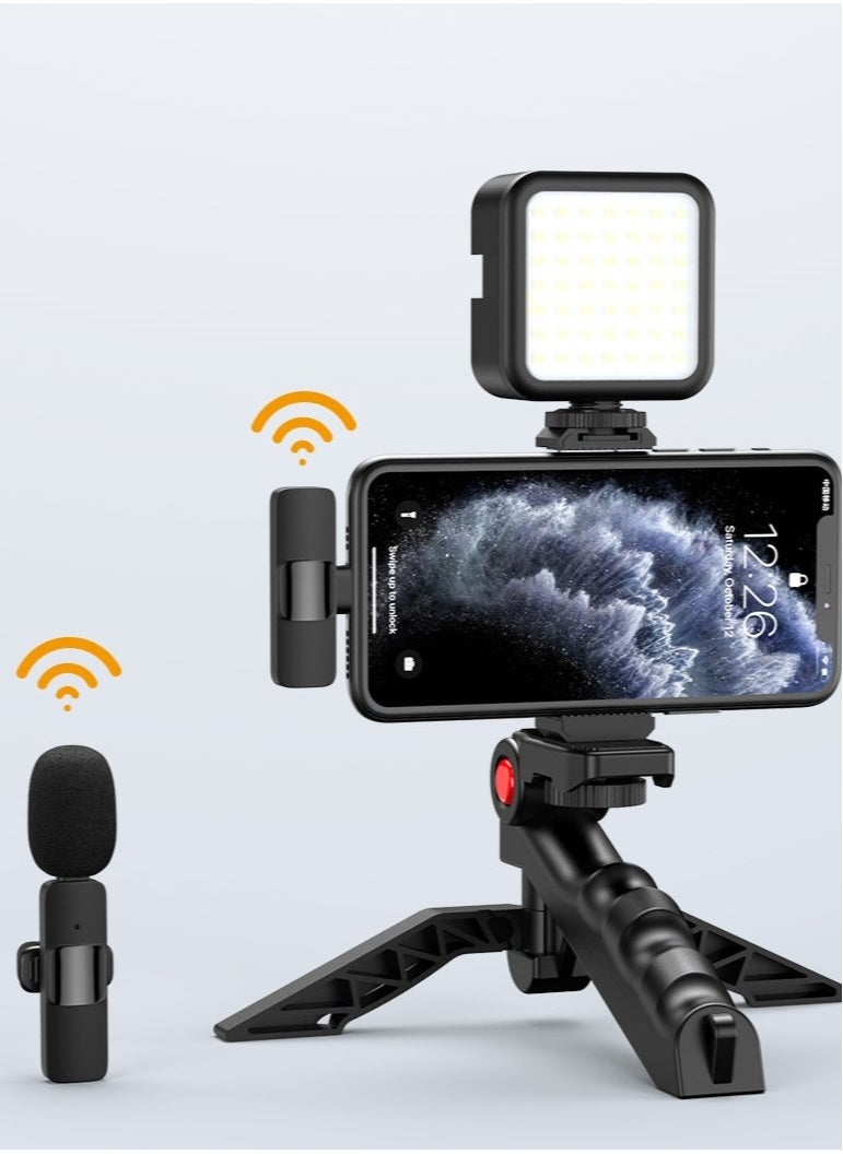 Generic - NEW Professional Vlogging Kit – Remote Control, Foldable Tripod, LED Lamp, & Wireless Lavalier Microphone for iPhone - Image 1
