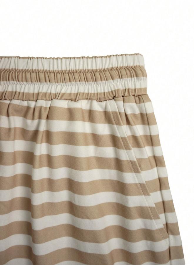 Take Two Beige Striped Oversized T-Shirt and Shorts Co-Ords - Image 3
