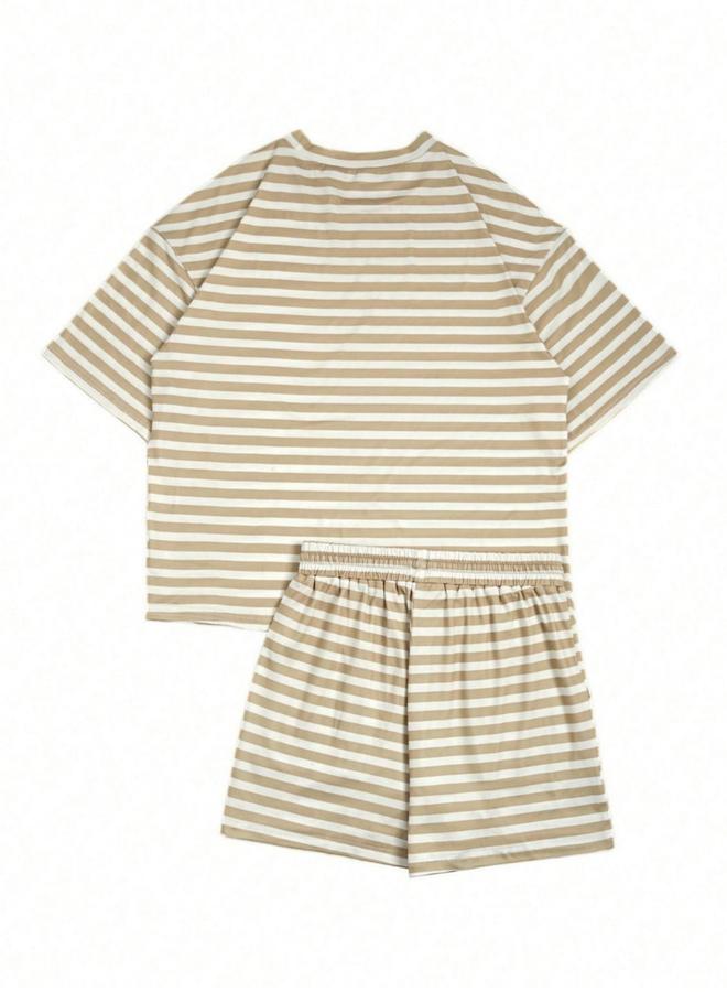 Take Two Beige Striped Oversized T-Shirt and Shorts Co-Ords - Image 2