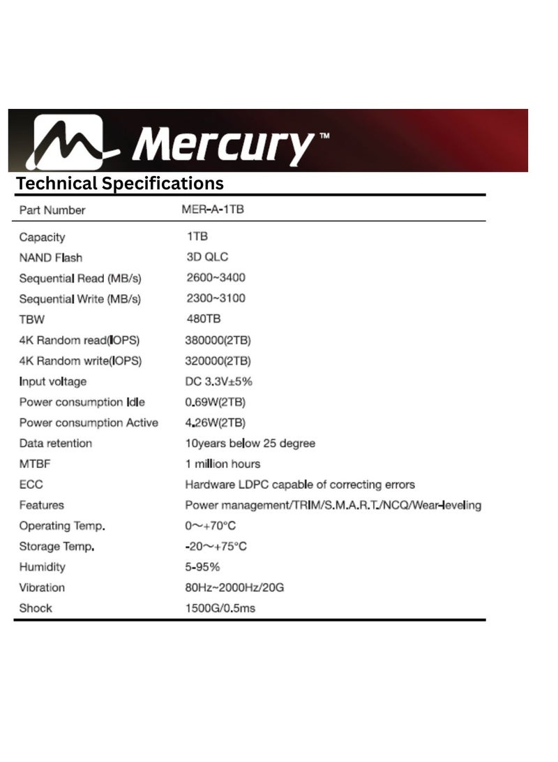 Mercury MERA-Series M.2 NVMe SSD, PCIe Gen3 x4, 2280, 3400MB/s Read Speed, 3100 MB/s Write Speed (1, TB) - Image 4