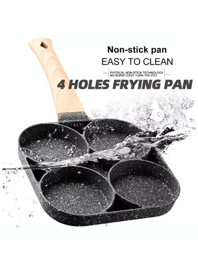 Generic - Nonstick Breakfast Frying Pan with 4 Compartments & Wooden Ergonomic Handle – Small Size, 17 cm Pan Length – Ideal for Eggs, Pancakes, Burgers, and More - Image 1