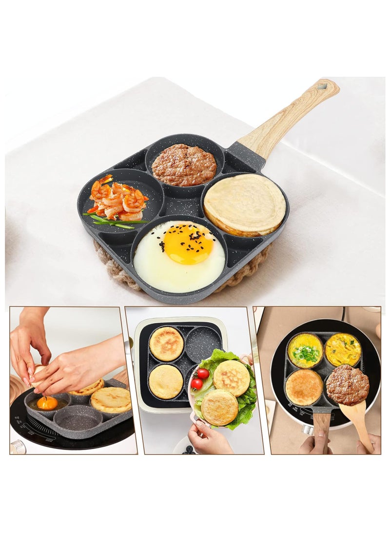 Generic - Nonstick Breakfast Frying Pan with 4 Compartments & Wooden Ergonomic Handle – Small Size, 17 cm Pan Length – Ideal for Eggs, Pancakes, Burgers, and More - Image 1