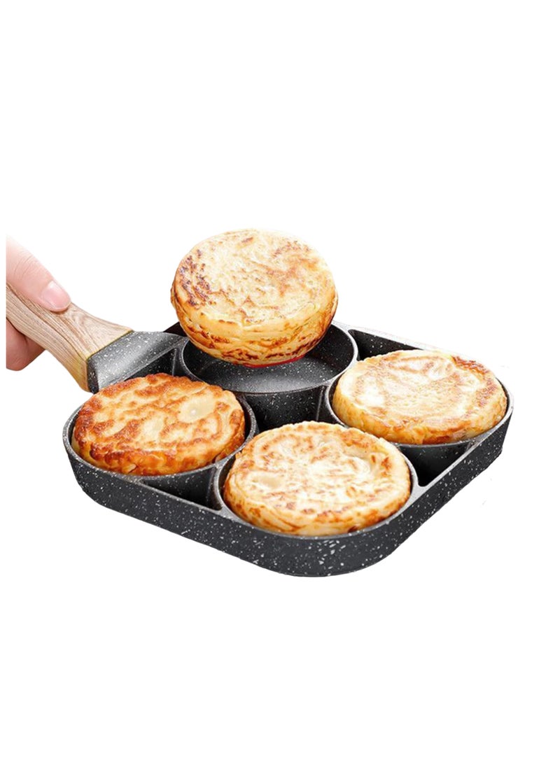Generic - Nonstick Breakfast Frying Pan with 4 Compartments & Wooden Ergonomic Handle – Small Size, 17 cm Pan Length – Ideal for Eggs, Pancakes, Burgers, and More - Image 1