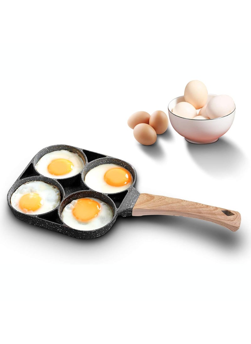 Generic - Nonstick Breakfast Frying Pan with 4 Compartments & Wooden Ergonomic Handle – Small Size, 17 cm Pan Length – Ideal for Eggs, Pancakes, Burgers, and More - Image 1