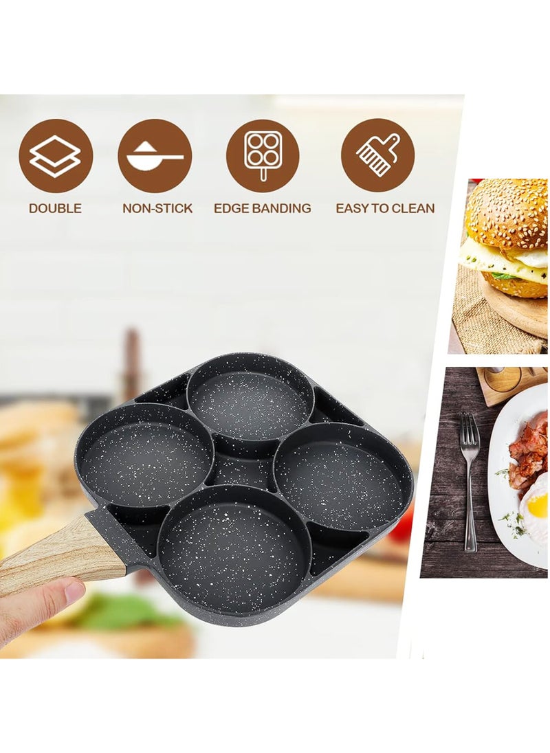 Generic - Nonstick Breakfast Frying Pan with 4 Compartments & Wooden Ergonomic Handle – Small Size, 17 cm Pan Length – Ideal for Eggs, Pancakes, Burgers, and More - Image 1