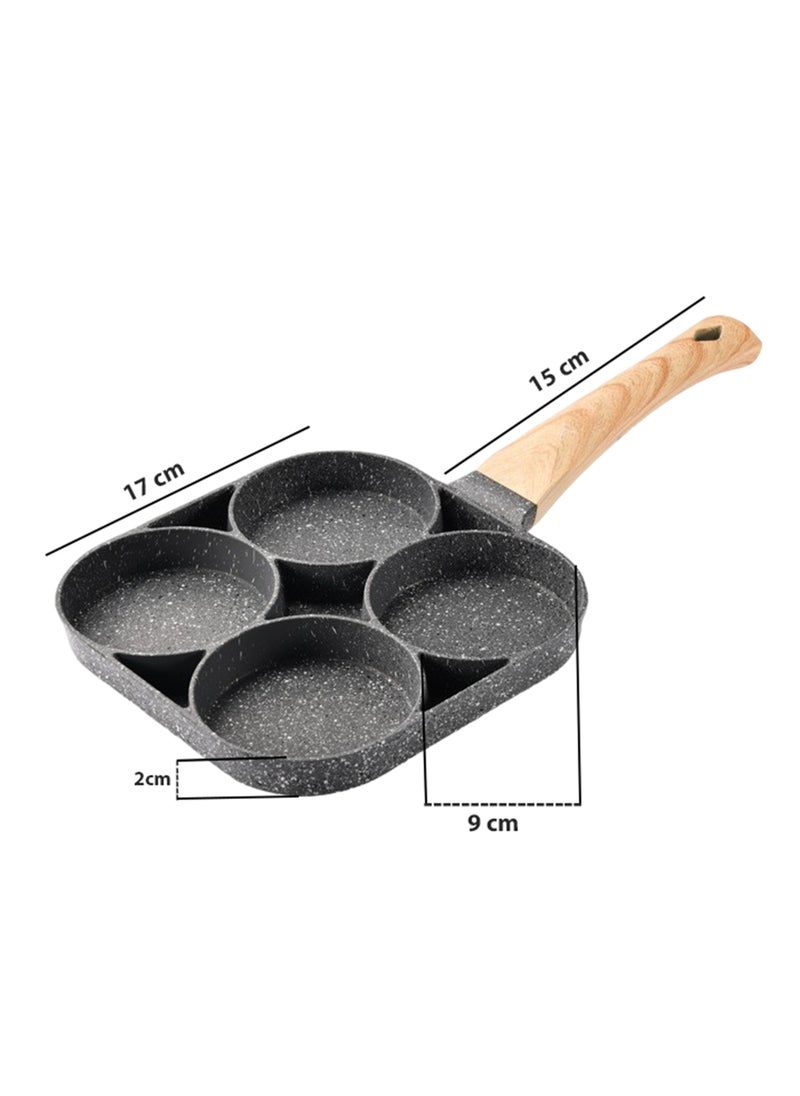 Generic - Nonstick Breakfast Frying Pan with 4 Compartments & Wooden Ergonomic Handle – Small Size, 17 cm Pan Length – Ideal for Eggs, Pancakes, Burgers, and More - Image 1