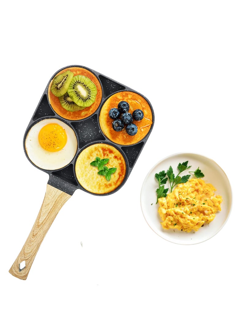 Generic - Nonstick Breakfast Frying Pan with 4 Compartments & Wooden Ergonomic Handle – Small Size, 17 cm Pan Length – Ideal for Eggs, Pancakes, Burgers, and More - Image 1