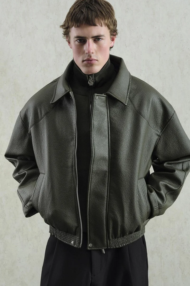 Giesto Khaki Green GIESTO Oversized Faux Leather Vest with Zipper Closure for Men | Best Price UAE