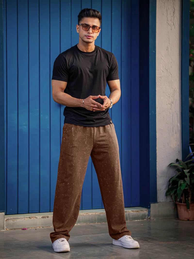مانياك Maniac Mens Optic Acid Wash Brown Cotton Baggy Fit Pant