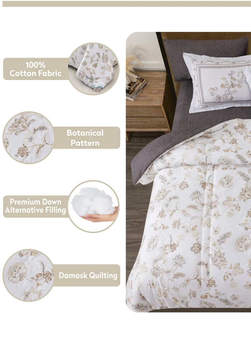 Donetella Cotton Comforter Set 6-Pcs Double Size Bed Fits(200 x 200 Cm) Reversible Printed Bedding Comforter Set With Super Soft Down Alternative Filling,Lavender Grey