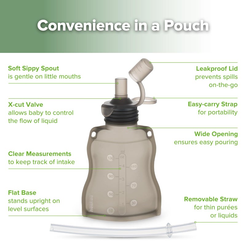 haakaa Reusable Baby Food Pouches Refillable Baby Squeeze Silicone Yummy Pouch, Soft Reusable Squeeze Storage Food Pouch for Kids Toddler, Home Made Food Puree, Smoothie Pouch Bag, 4oz, 4 Pack - Image 4