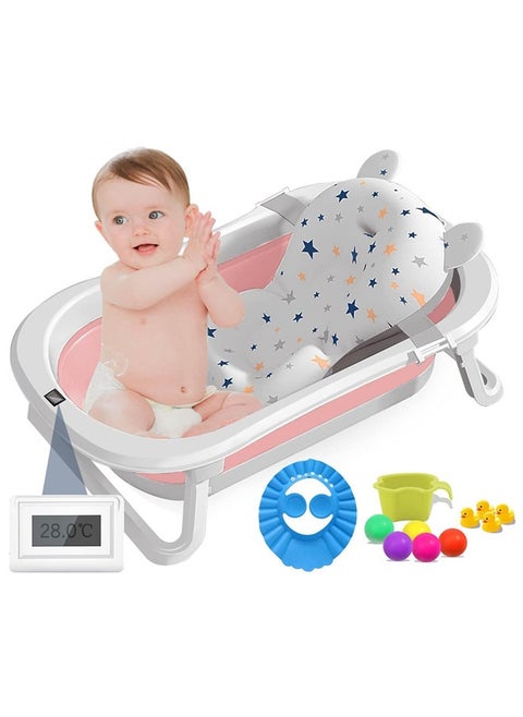 Baby Bathtub Portable With Baby Cushion Shampoo Hat, Collapsible Toddler Bath Tub for 0-2 Years Kids Foldable Infant Shower Basin