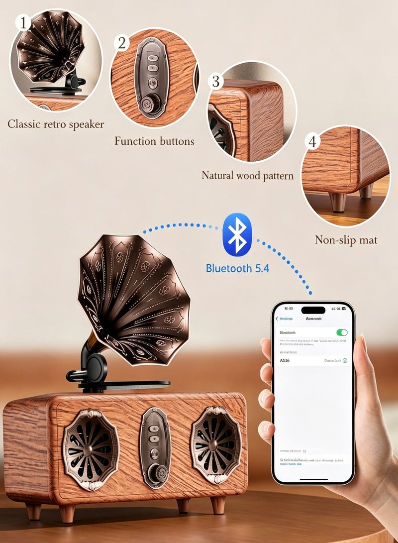 FVWA Retro Vintage Bluetooth Boomboxes Speaker, HIFI Stereo Sound, 5.4 Bluetooth FM Radio Bass Wireless Speaker with USB TF AUX for Home Bedroom Office Decor - Image 3