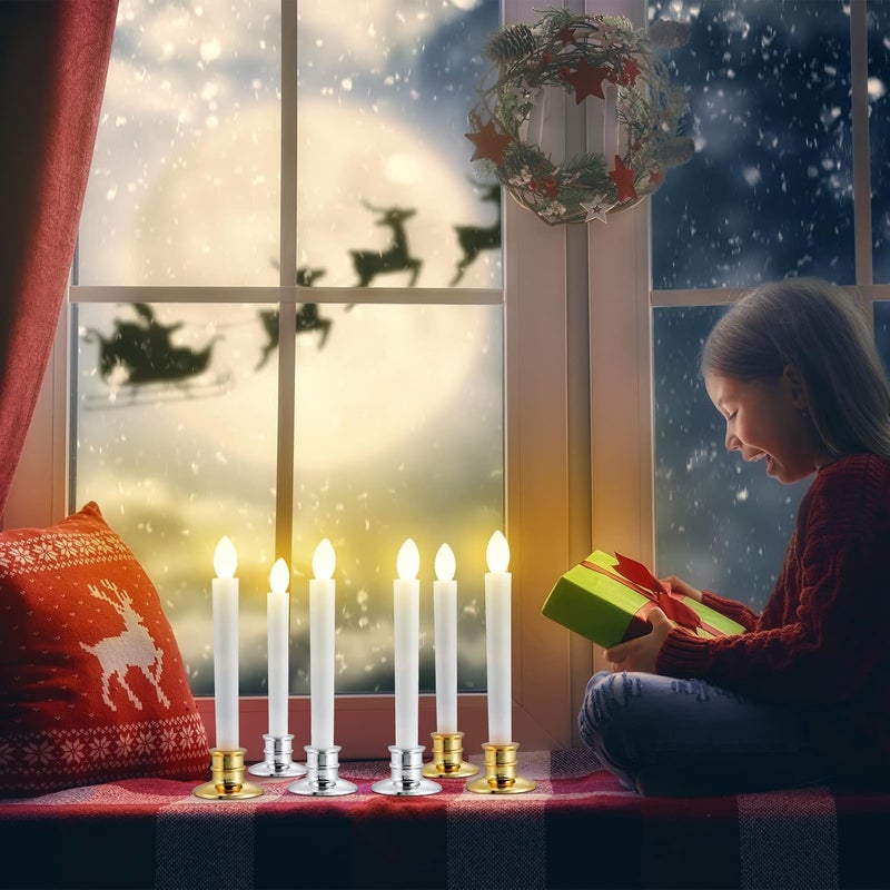 Spiareal Christmas Window Candle Lights Flickering Flameless Taper Candle Light Electric LED Christmas Candlesticks Battery Operated with Holders Remote Control Timer for Xmas Wedding Party Decor 24 Pcs  - Image 4