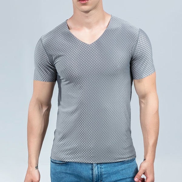 Mesh Ice Silk Traceless Short-sleeved T-shirt Mens Summer Casual Sports Sweatshirt Thin Elastic Slim-fit Half-sleeved T-shirt Navy  - Image 3