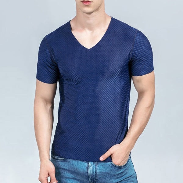 Mesh Ice Silk Traceless Short-sleeved T-shirt Mens Summer Casual Sports Sweatshirt Thin Elastic Slim-fit Half-sleeved T-shirt Navy  - Image 1