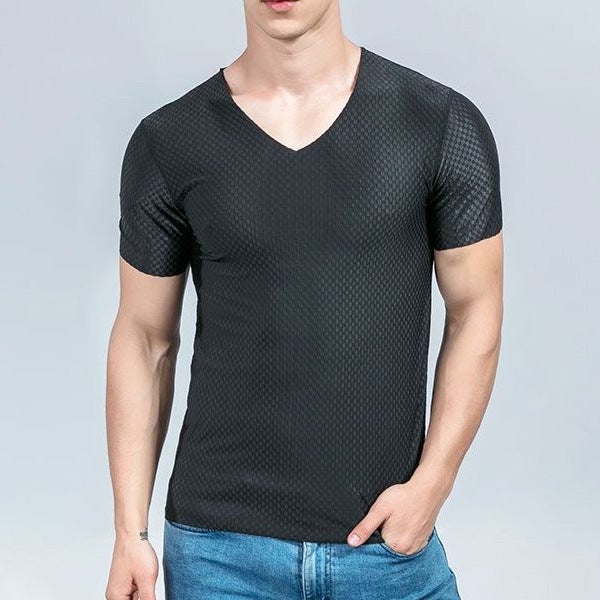 Mesh Ice Silk Traceless Short-sleeved T-shirt Mens Summer Casual Sports Sweatshirt Thin Elastic Slim-fit Half-sleeved T-shirt Navy  - Image 2