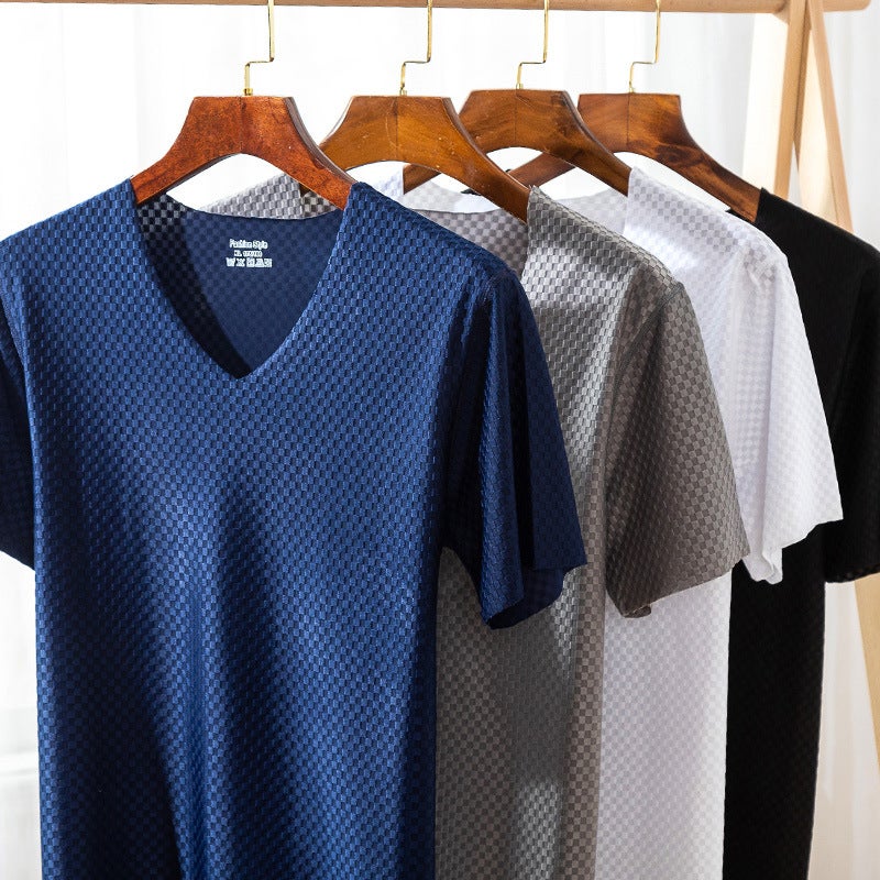 Mesh Ice Silk Traceless Short-sleeved T-shirt Mens Summer Casual Sports Sweatshirt Thin Elastic Slim-fit Half-sleeved T-shirt Navy  - Image 5