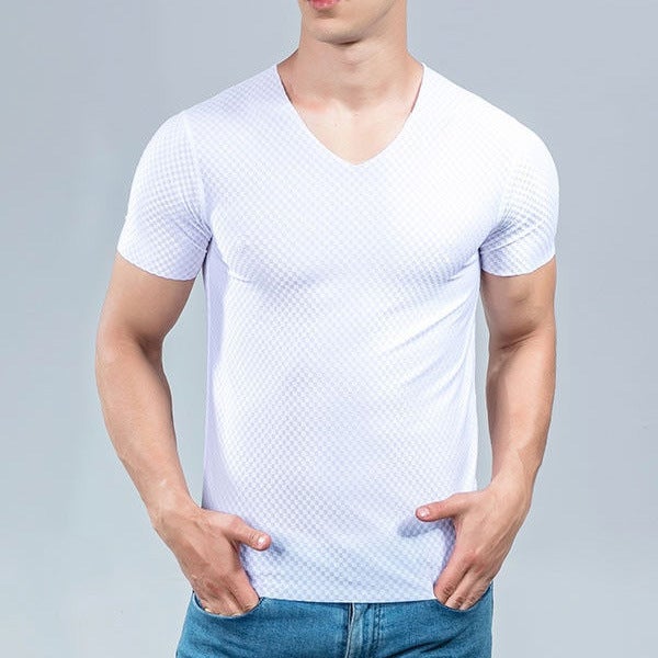 Mesh Ice Silk Traceless Short-sleeved T-shirt Mens Summer Casual Sports Sweatshirt Thin Elastic Slim-fit Half-sleeved T-shirt Navy  - Image 4