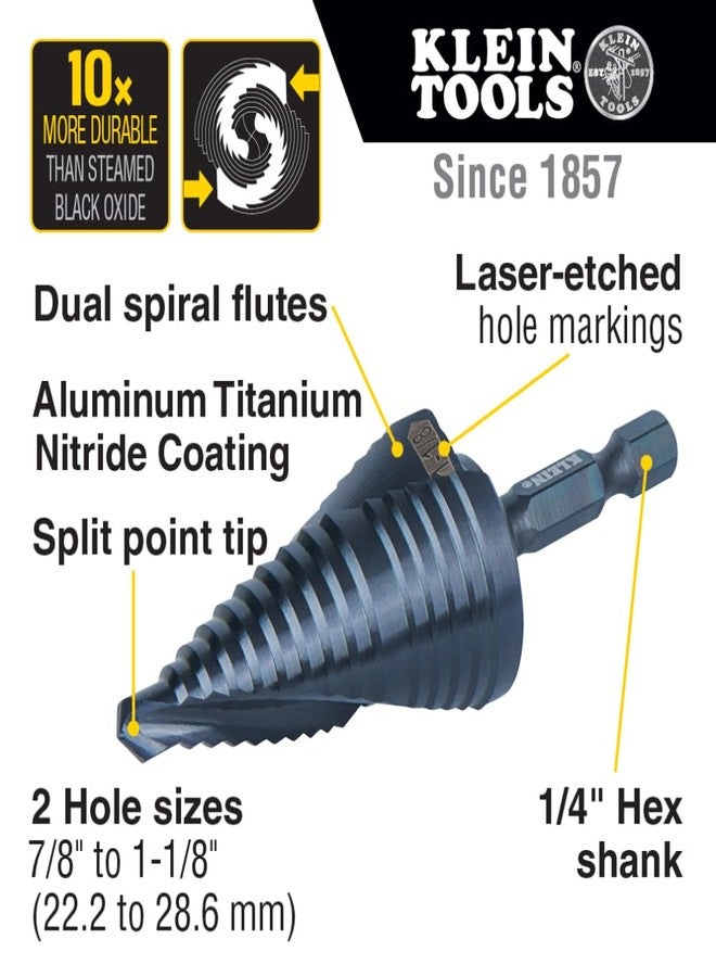 Klein Tools QRST11 Step Drill Bit, Quick Release Spiral Double-Fluted, 7/8 to 1-1/8-Inch, Hex Shank, Cut Steel, Wood, Plastic, Aluminum - Image 2