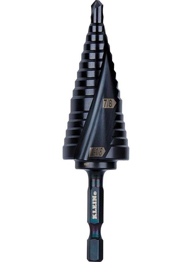 Klein Tools QRST11 Step Drill Bit, Quick Release Spiral Double-Fluted, 7/8 to 1-1/8-Inch, Hex Shank, Cut Steel, Wood, Plastic, Aluminum - Image 1