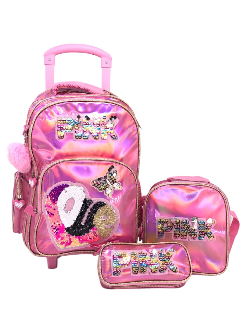 i-kola Heart And Butterfly Design Rolling Backpack 15 inch Wheeled Kids Backpack with Lunch Bag and Pencil Case for Girls Blue and Boys - Image 1