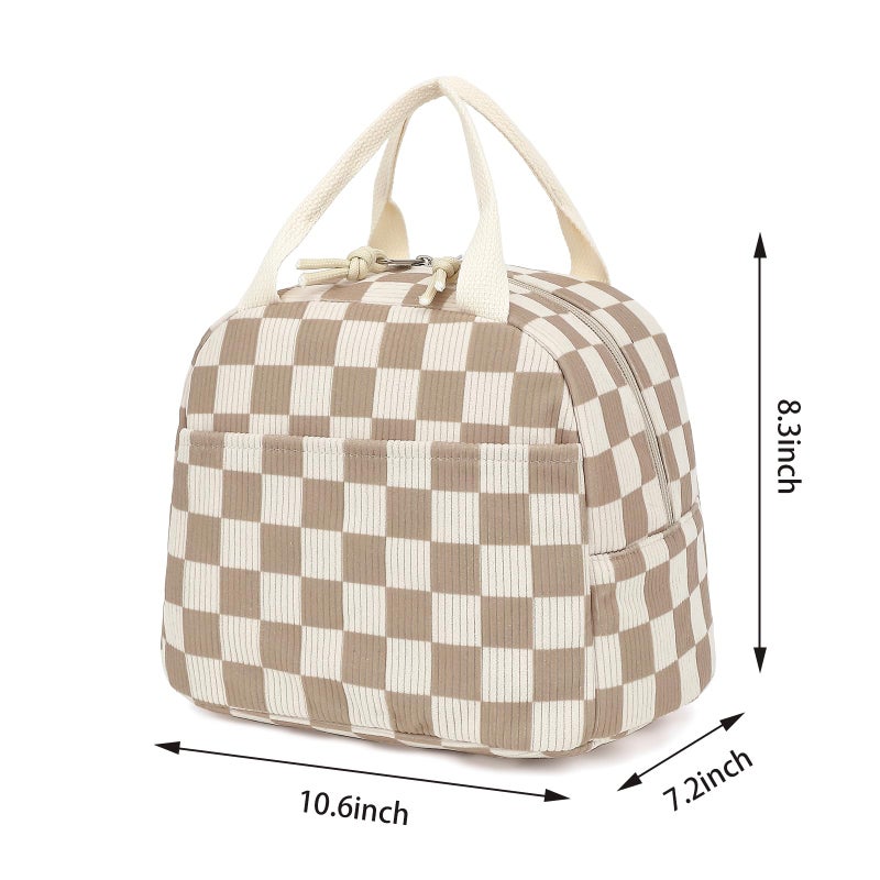 Dezcrab Corduroy Lunch Box for Women Girls, Cooler Lunch Bags Reusable Insulated Lunchbox for Picnic School Work Travel (Checkered Brown) - Image 5