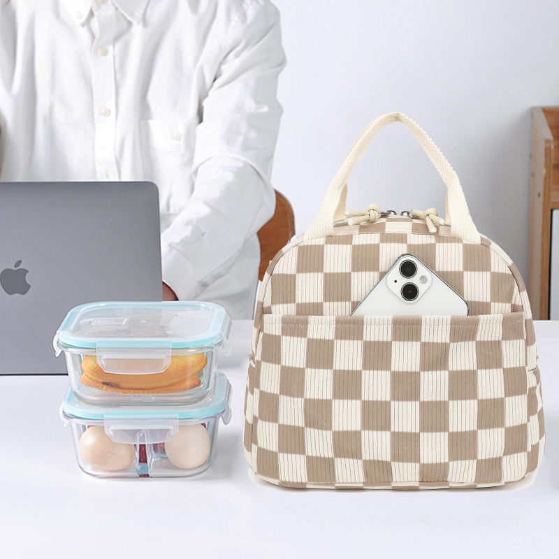 Dezcrab Corduroy Lunch Box for Women Girls, Cooler Lunch Bags Reusable Insulated Lunchbox for Picnic School Work Travel (Checkered Brown) - Image 2