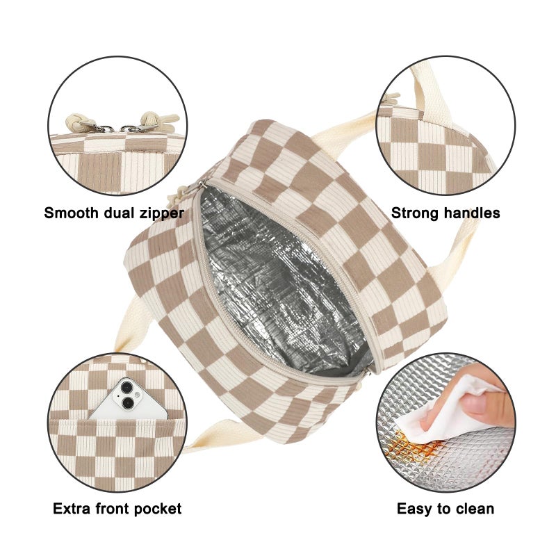 Dezcrab Corduroy Lunch Box for Women Girls, Cooler Lunch Bags Reusable Insulated Lunchbox for Picnic School Work Travel (Checkered Brown) - Image 4