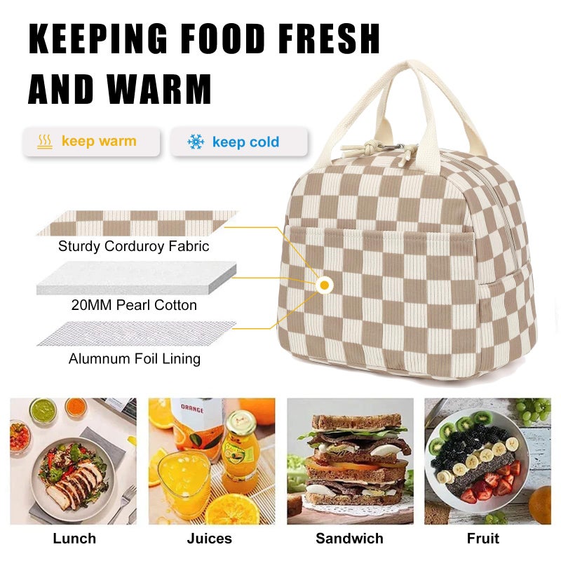 Dezcrab Corduroy Lunch Box for Women Girls, Cooler Lunch Bags Reusable Insulated Lunchbox for Picnic School Work Travel (Checkered Brown) - Image 3