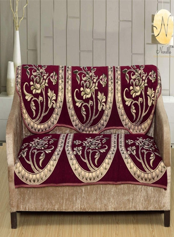 Nendle Soft Smooth Solid Fabric Floral Design Velvet 5 Seater Sofa Covers Set (Maroon, Set of 6 Pieces) - Image 2