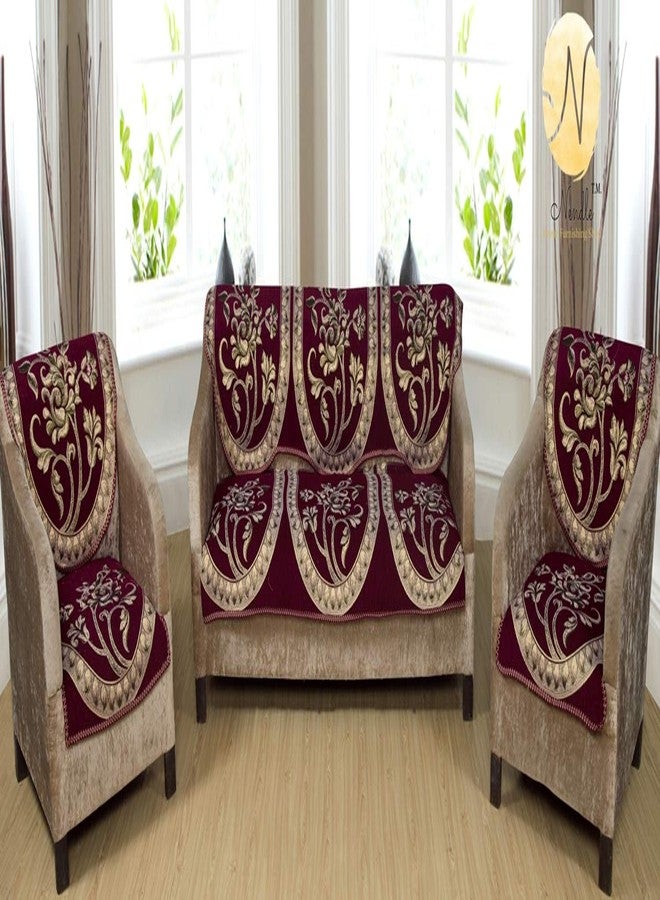 Nendle Soft Smooth Solid Fabric Floral Design Velvet 5 Seater Sofa Covers Set (Maroon, Set of 6 Pieces) - Image 1