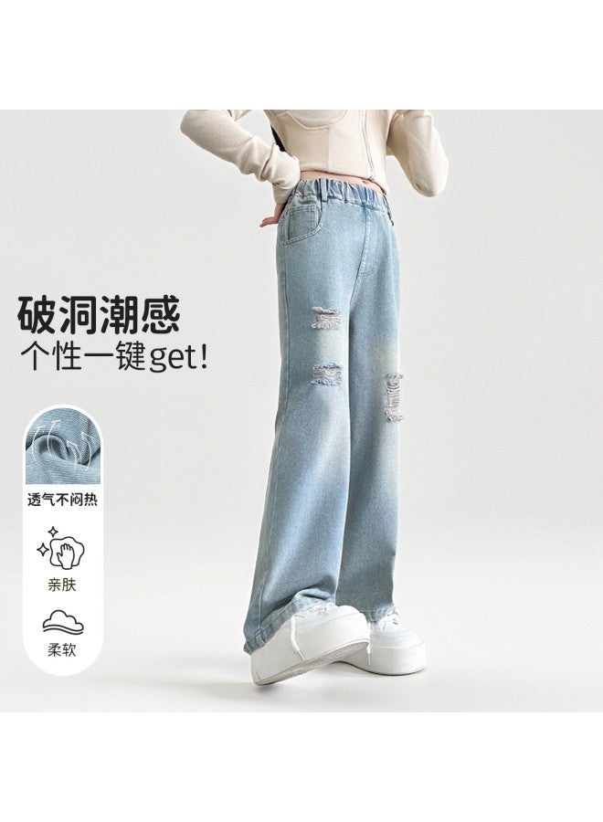 Bumblebee Girls Pants Summer Fashion Children's Casual Loose Fit Long Pants Summer Thin Denim Flared Trousers - Image 2