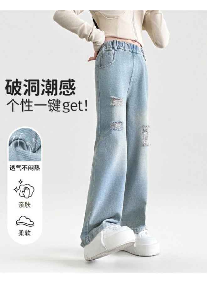 Bumblebee Girls Pants Summer Fashion Children's Casual Loose Fit Long Pants Summer Thin Denim Flared Trousers - Image 1