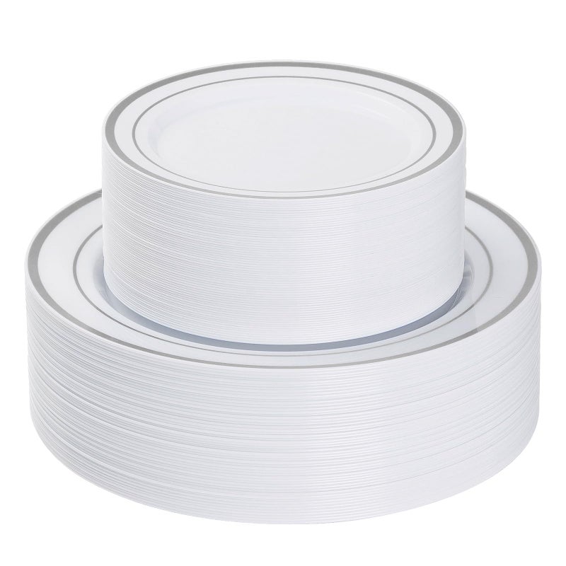 Goodluck 120PCS Silver Plastic Plates Heavy Duty Disposable Silver Plates with 60 1025 inch Dinner Plates and 60 75 inch Dessert Plates Disposable Plates for Party Holiday Wedding