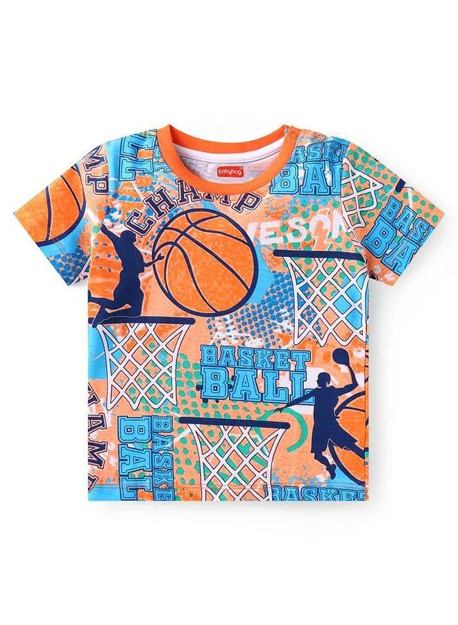 Babyhug Babyhug Single Jersey Knit Half Sleeves T-Shirt and Denim Short Set with Basketball Print - Blue