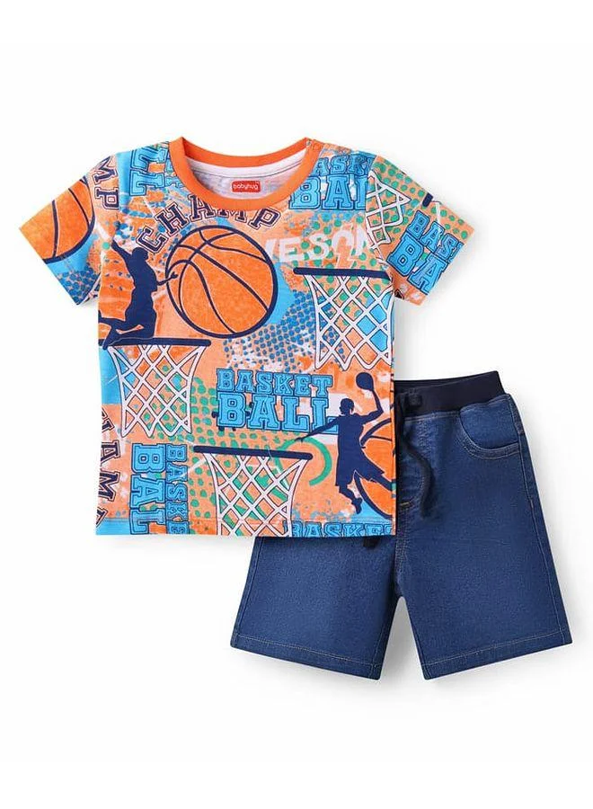 Babyhug Babyhug Single Jersey Knit Half Sleeves T-Shirt and Denim Short Set with Basketball Print - Blue