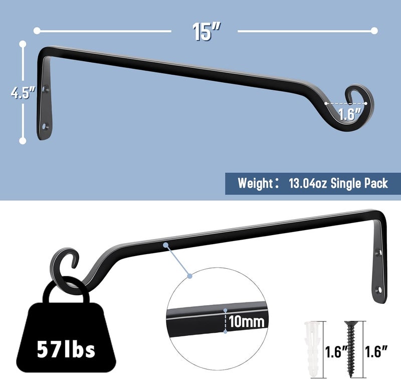 FEED GARDEN 15 Inch 2 Pack Hand-Forged Hanging Plant Bracket, Heavy Duty Metal Plant Hangers for Outdoor Hanging Bird Feeders, Lanterns, Wind Chimes, (Black, with 4 Screws) - Image 2