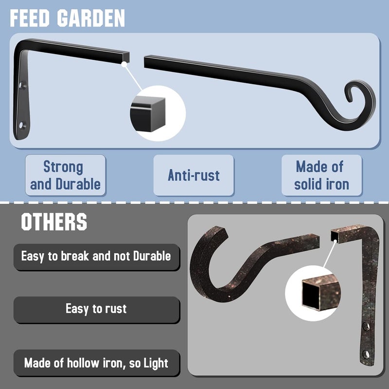 FEED GARDEN 15 Inch 2 Pack Hand-Forged Hanging Plant Bracket, Heavy Duty Metal Plant Hangers for Outdoor Hanging Bird Feeders, Lanterns, Wind Chimes, (Black, with 4 Screws) - Image 4